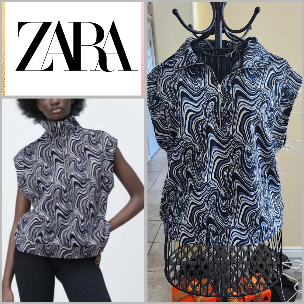 Zara Black blue white swirl zip turtleneck sleeveless top women's size Small